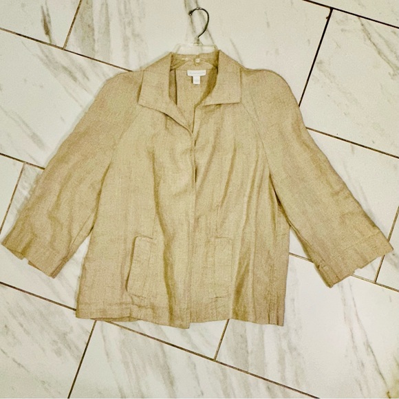 Vintage Charter Club 100% Linen Blazer L Tan Beige 3/4 Sleeve WPL 8042  80-90s - Picture 1 of 6